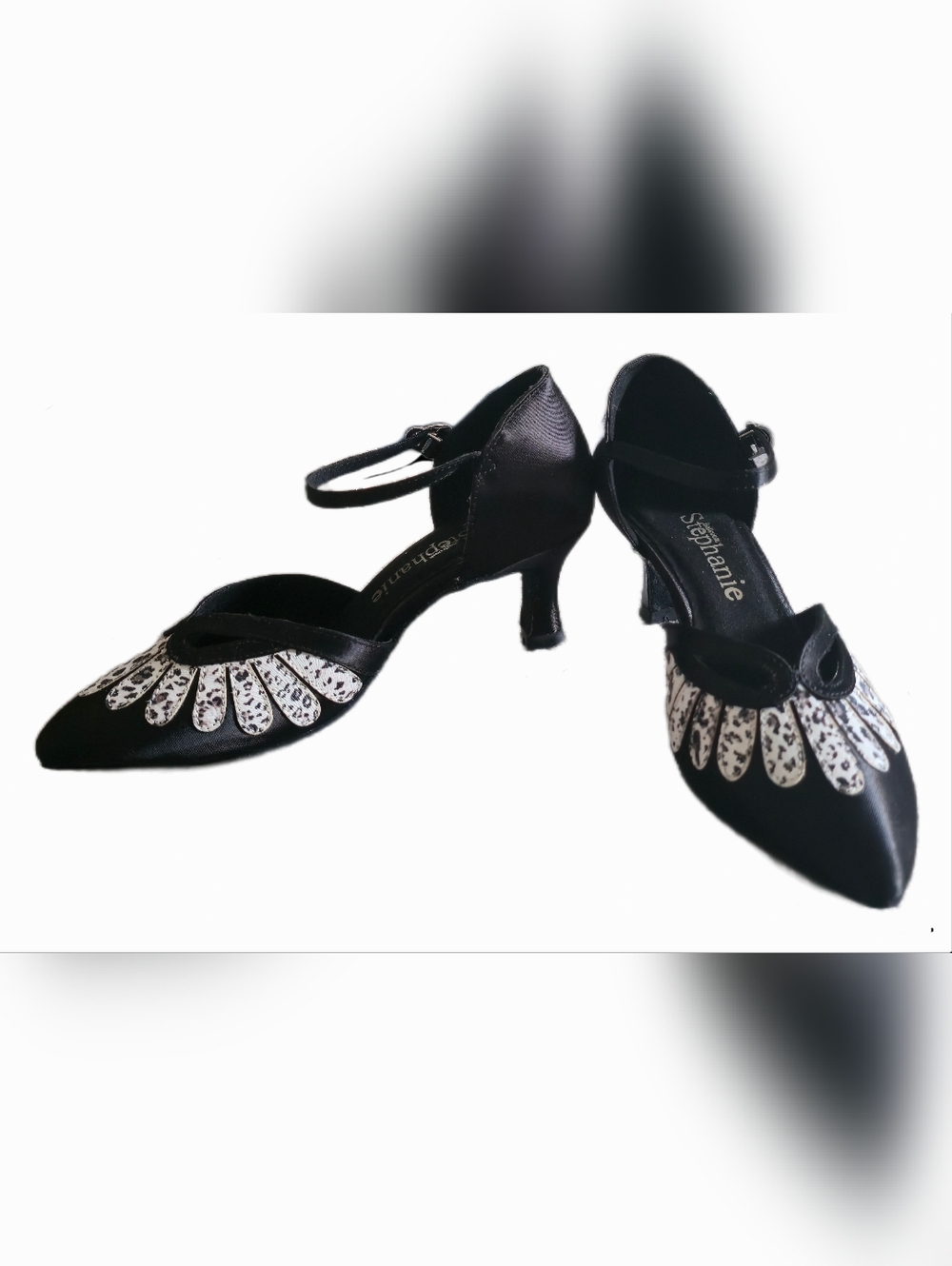 Ballroom Stephanie Black Satin White Leopard Print Motif Dancing Shoes Size 7 - Picture 5 of 11